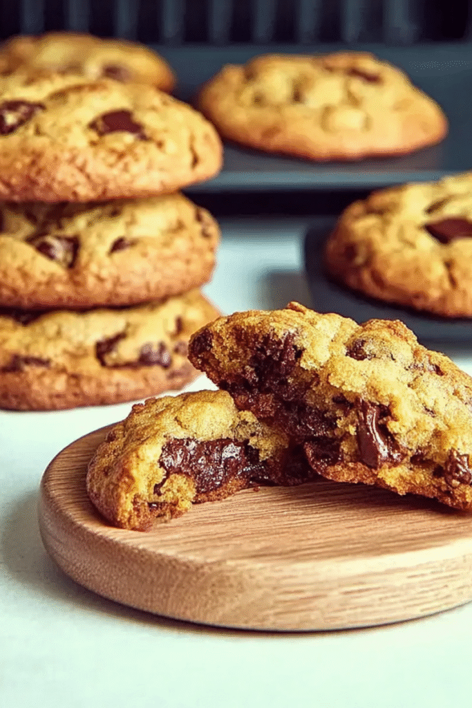 Baking Cookies in Air Fryer with gooey melted centers, served on a wooden plate.