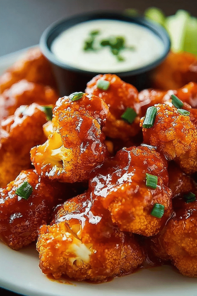 Raw Air Fryer Buffalo Cauliflower Wings florets and chopped green onions in a mixing bowl with sauce.